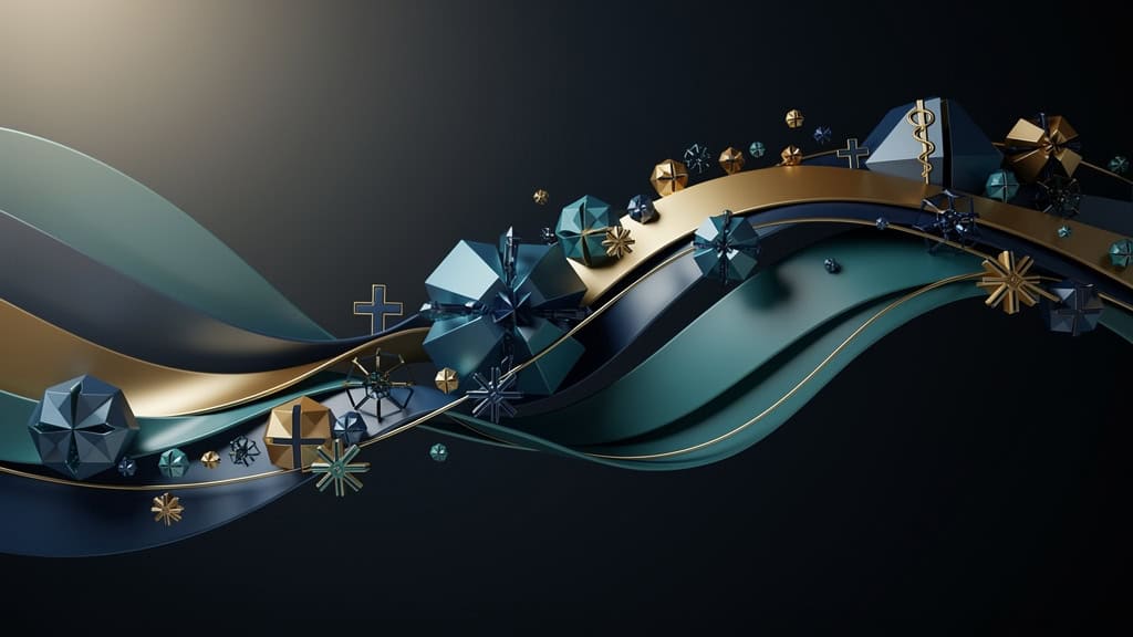 Abstract curved pathway with small figures and objects against a dark background.