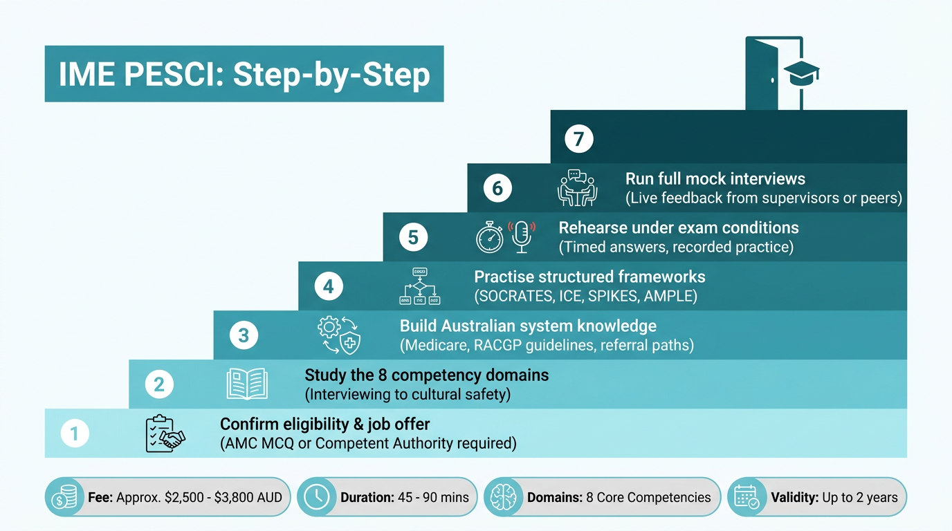 Staircase infographic presenting the stages of IME PESCI preparation.