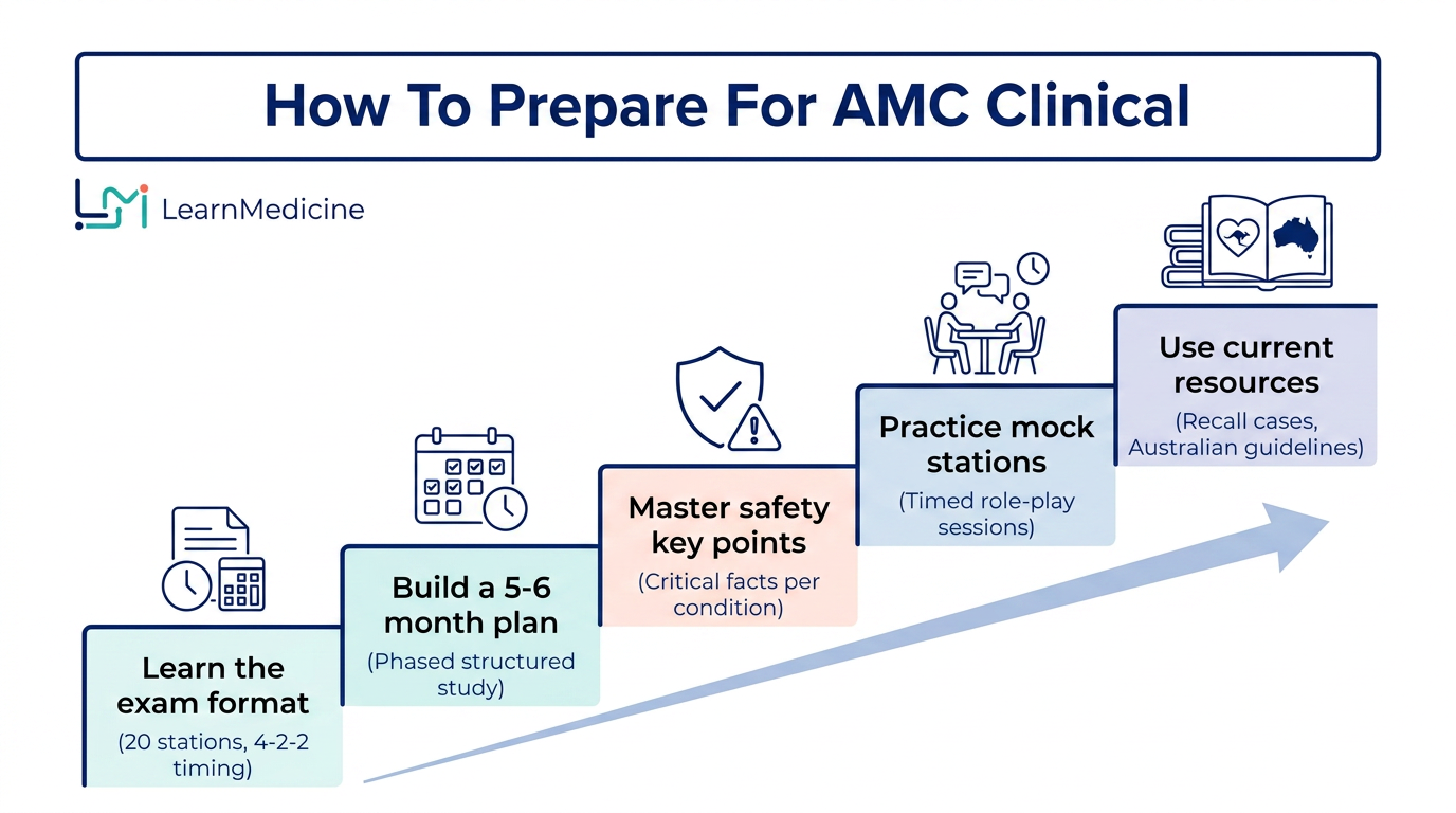 Illustrated step-by-step roadmap for AMC Clinical exam preparation.
