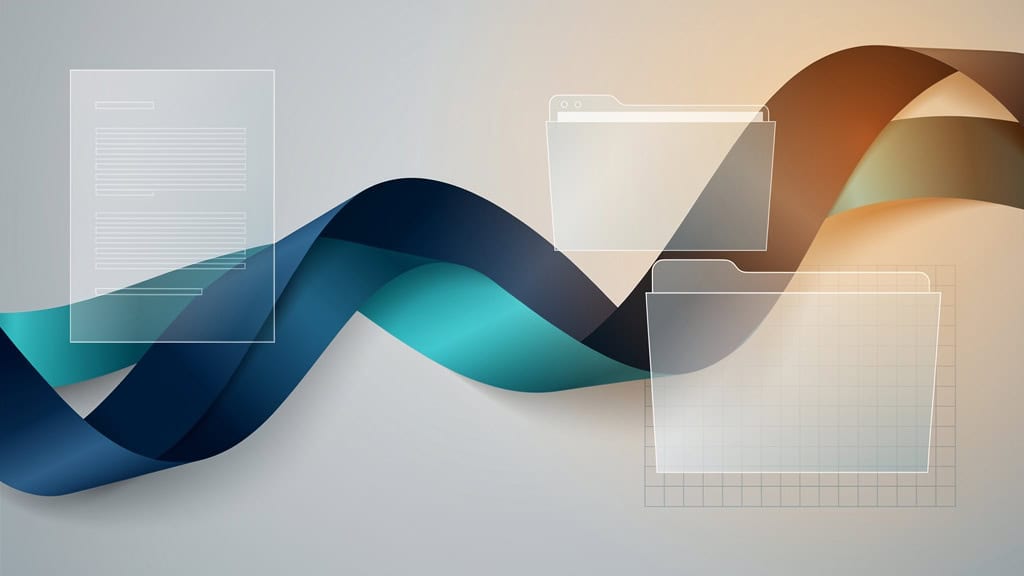 Abstract blue and gold ribbon crossing layered document-like shapes.