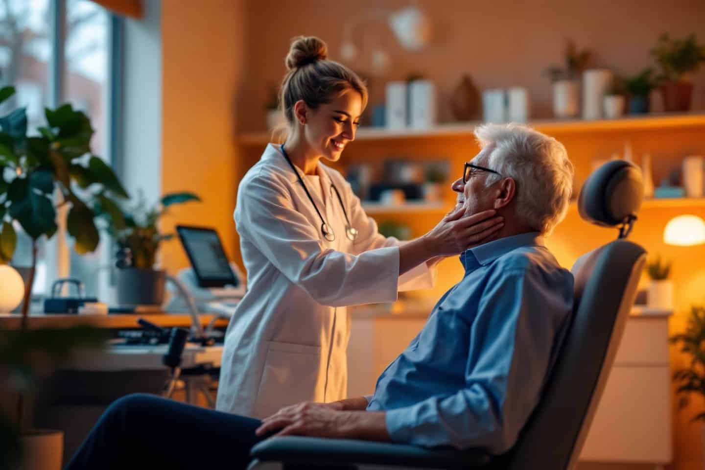 Clinician examining a seated patient in a consultation room.