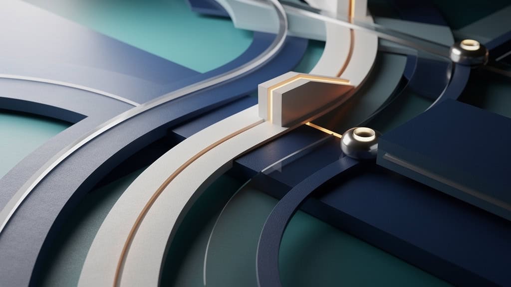 Abstract curved tracks with small markers, suggesting a route through several stages.