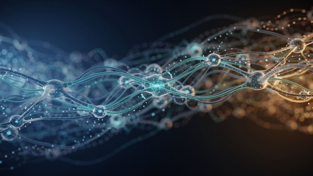 Interconnected digital nodes and glowing blue and gold lines.
