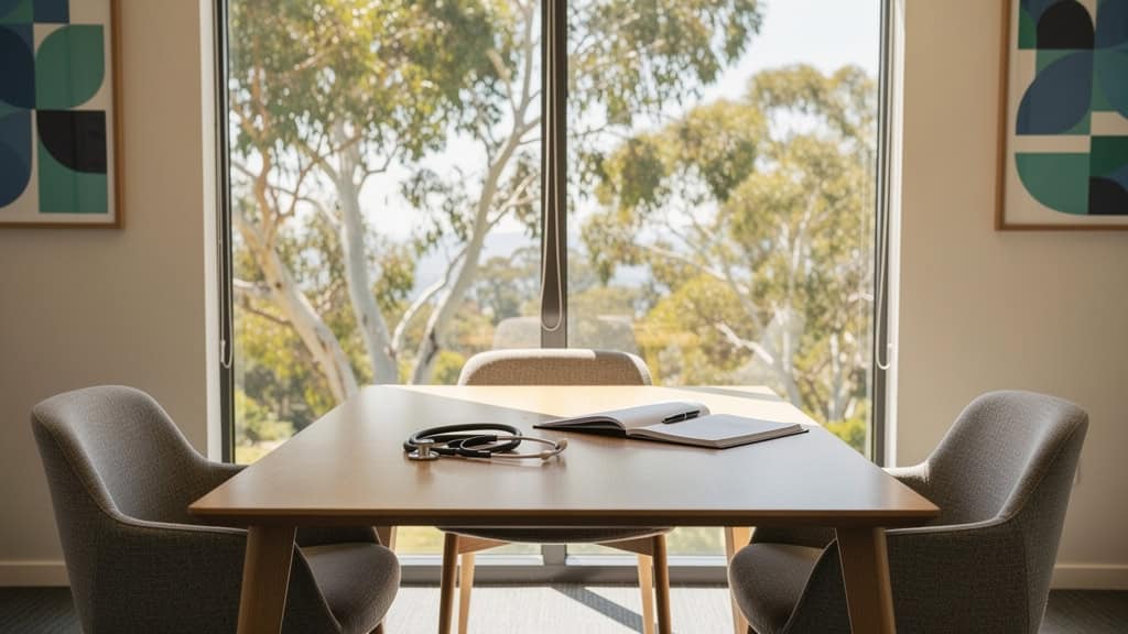 Table and chairs beside a window overlooking trees.