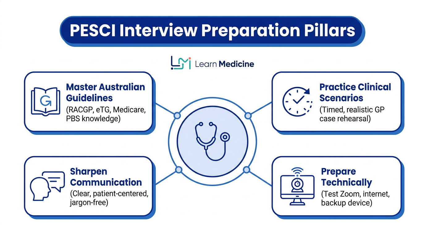 PESCI interview preparation pillars arranged around a stethoscope illustration.