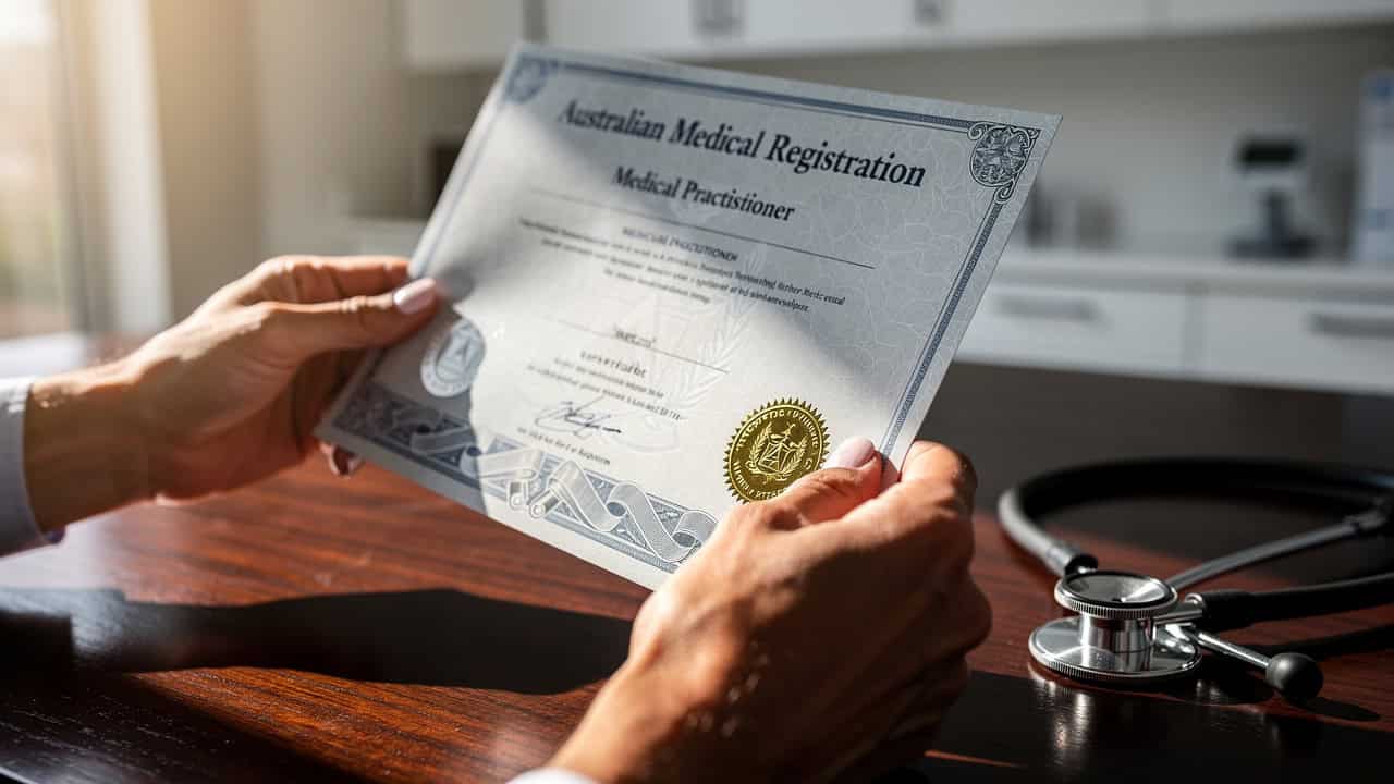 Hands holding a medical registration document beside a stethoscope.