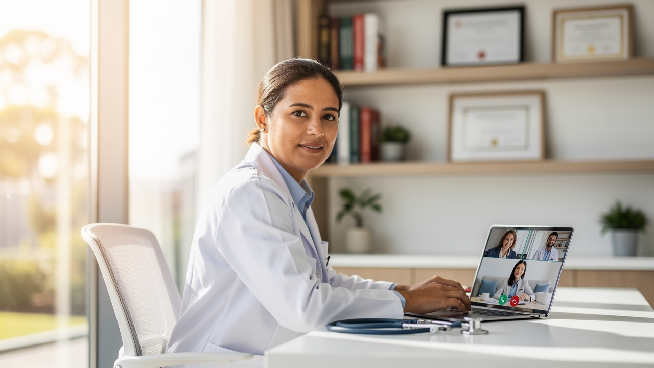 Doctor seated at a desk with a laptop and framed certificates behind her.