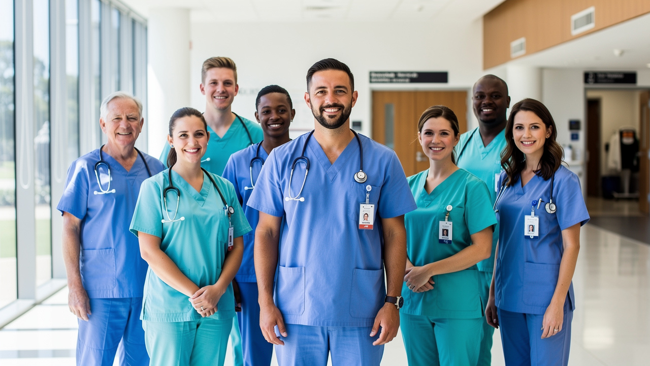 Group of healthcare professionals in blue and green scrubs in a hospital corridor.