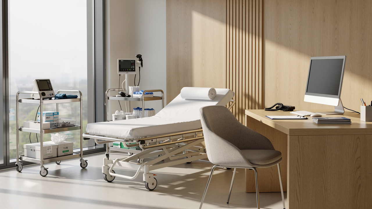 Consultation room with an examination bed, medical equipment and a computer desk.