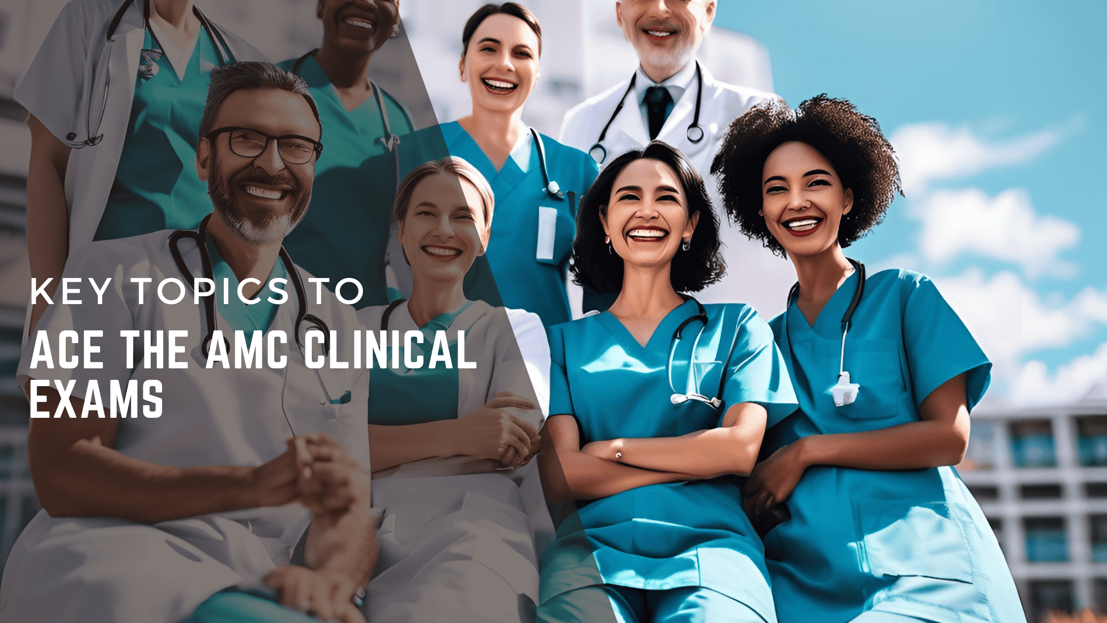 AMC Clinical exam topic guide title beside a group of healthcare professionals.