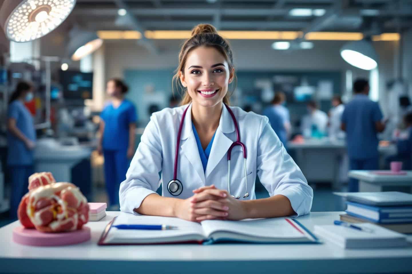 Doctor seated at a table with study materials in a busy clinical setting.