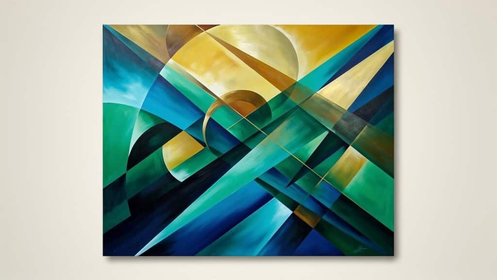 Abstract intersecting blue, green and gold bands.