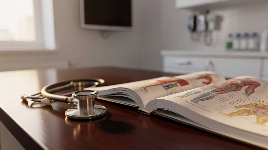 Stethoscope resting beside an open medical textbook on a desk.