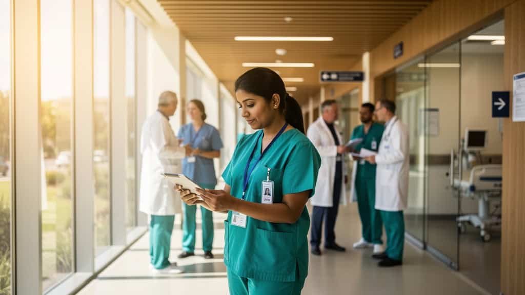 Healthcare professional reading from a tablet in a hospital corridor.