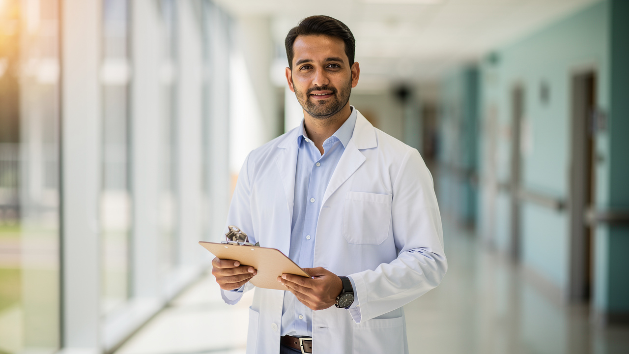 Doctor with a stethoscope holding a tablet in a hospital corridor.