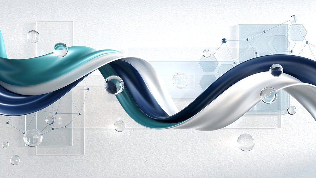 Abstract flowing blue and green ribbon with faint medical symbols.
