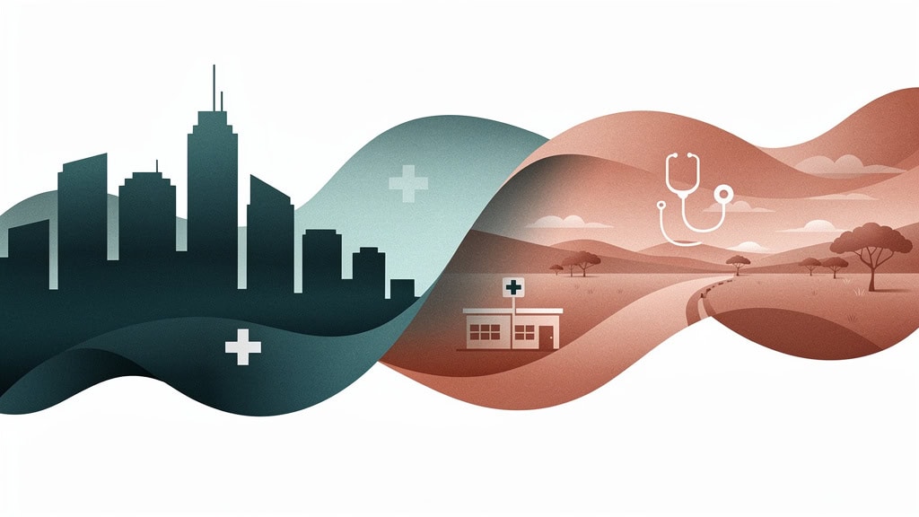 Illustration contrasting a city skyline with a regional landscape.