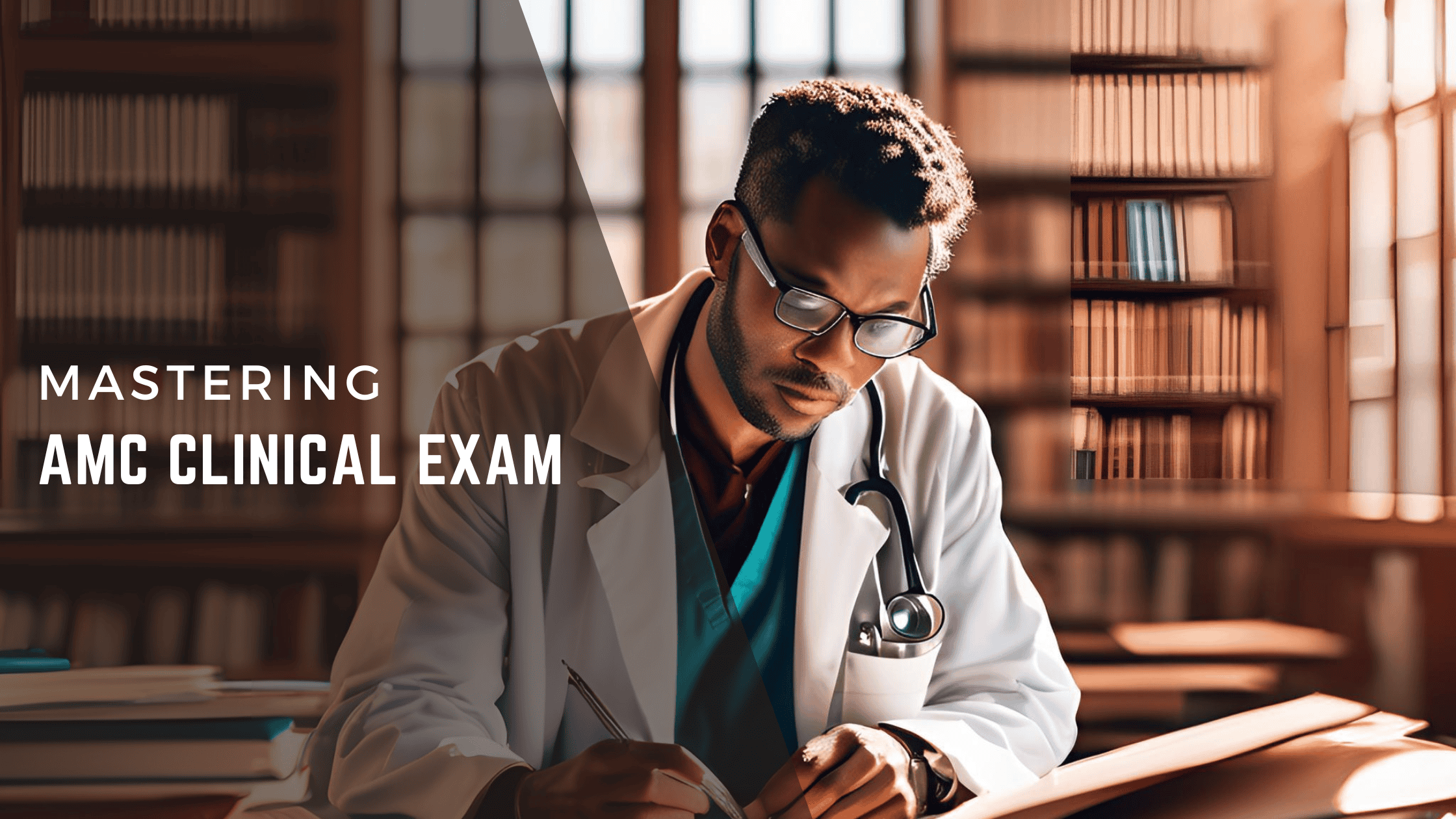 Mastering AMC Clinical Exam title beside a doctor studying at a desk.