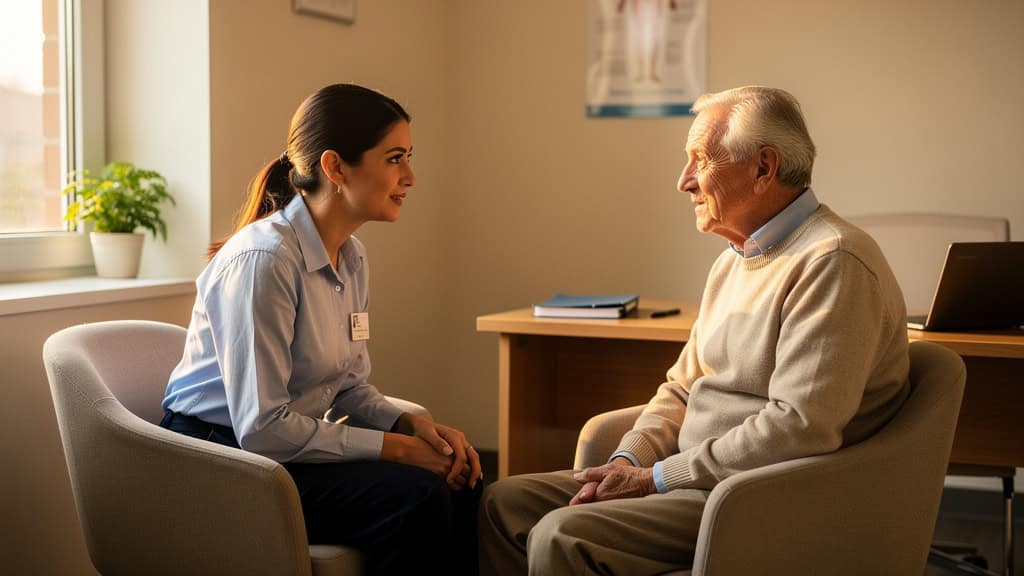 Doctor talking with an older patient seated opposite her.