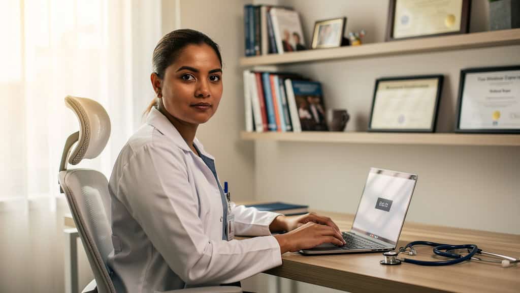 Doctor seated at a desk with a laptop and certificates on the wall.