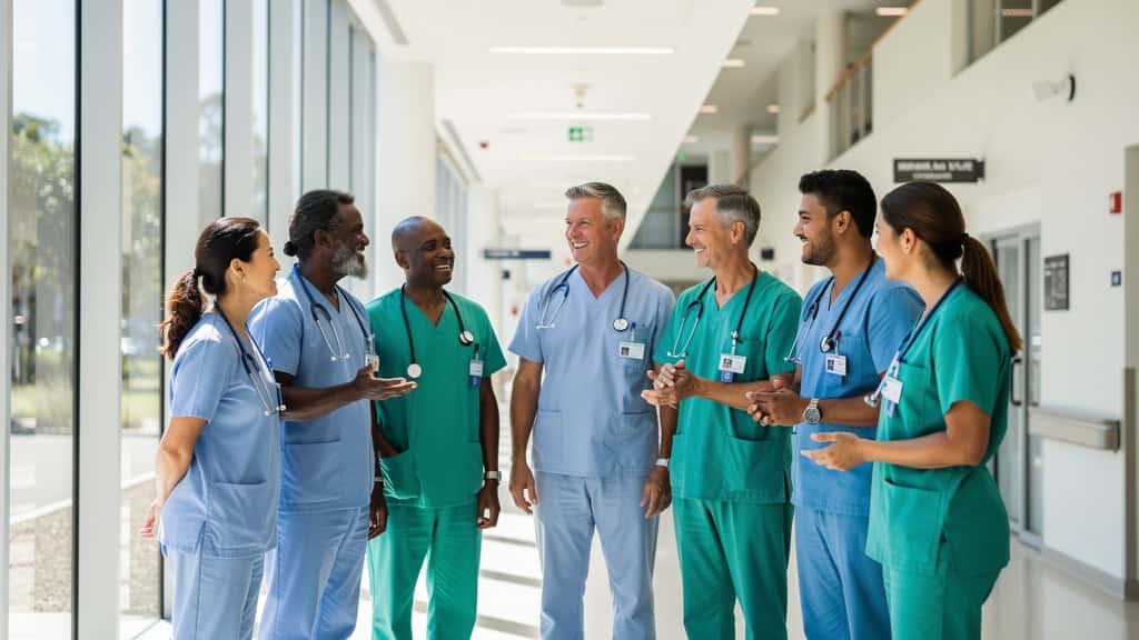 Healthcare professionals talking together in a hospital corridor.