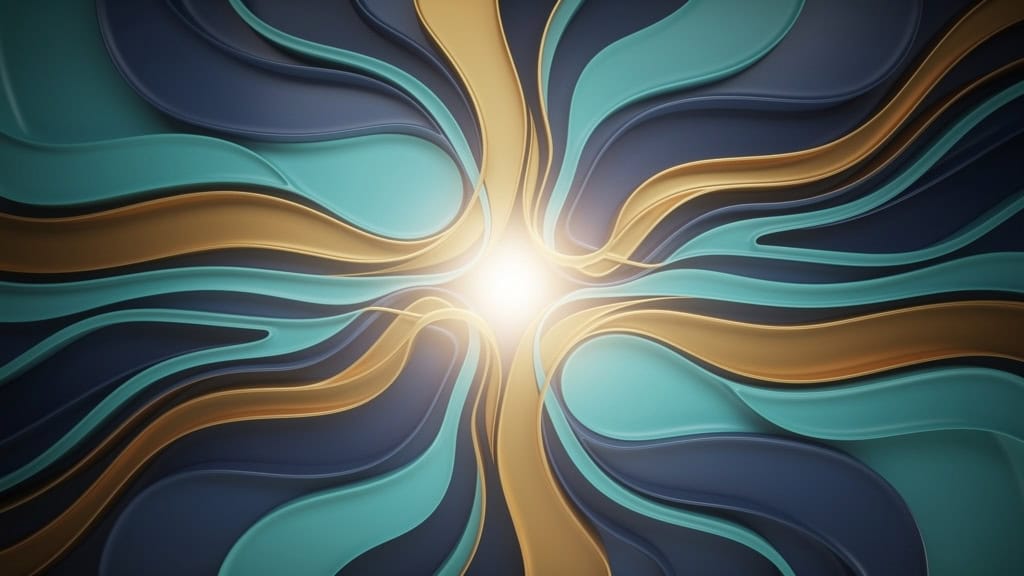 Abstract blue and gold paths converging around a bright centre.