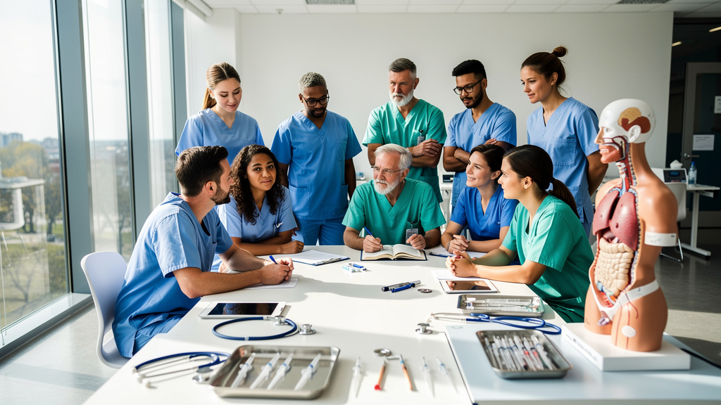 Healthcare professionals gathered around a table with study materials.