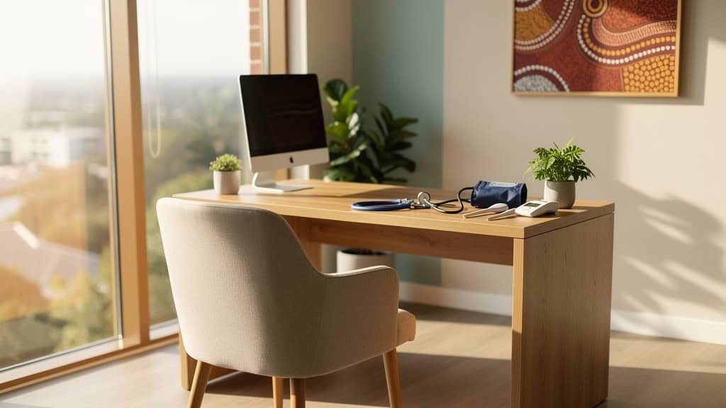 Sunlit workspace with a laptop, notebook and plant on a desk.