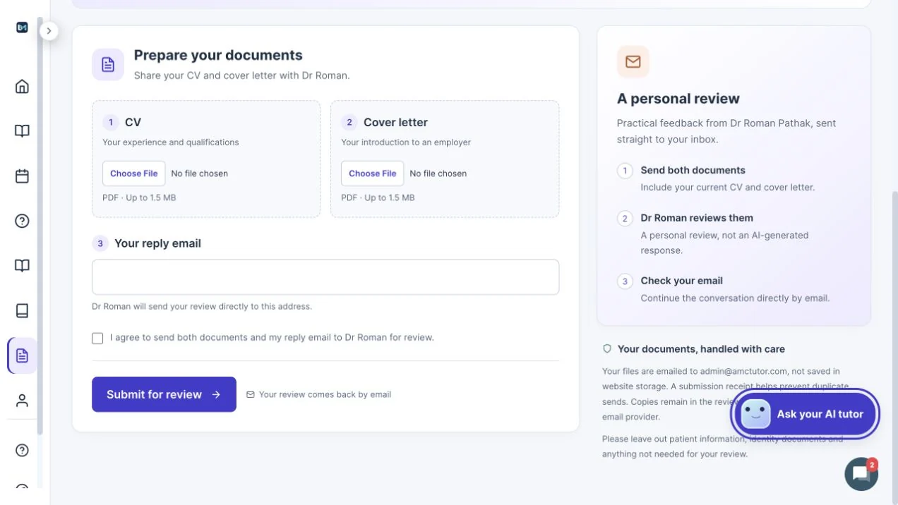 Real LearnMedicine CV and cover-letter upload page with separate PDF upload fields and the personal review process