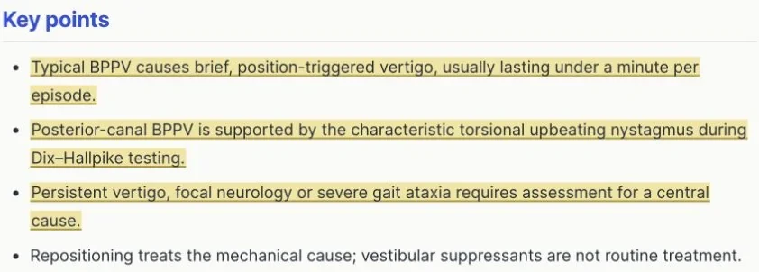 LearnMedicine notes on BPPV with the key points highlighted.