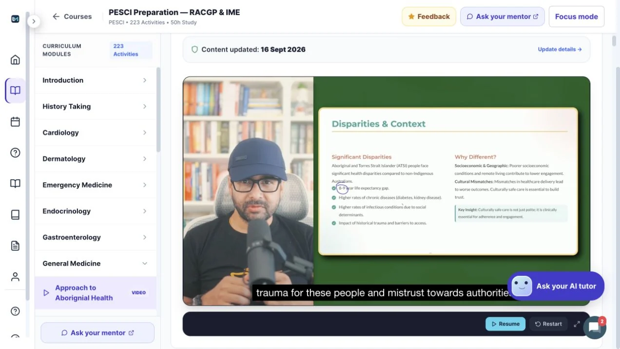Approach to Aboriginal Health teaching video paused at 6:23 in the real PESCI course