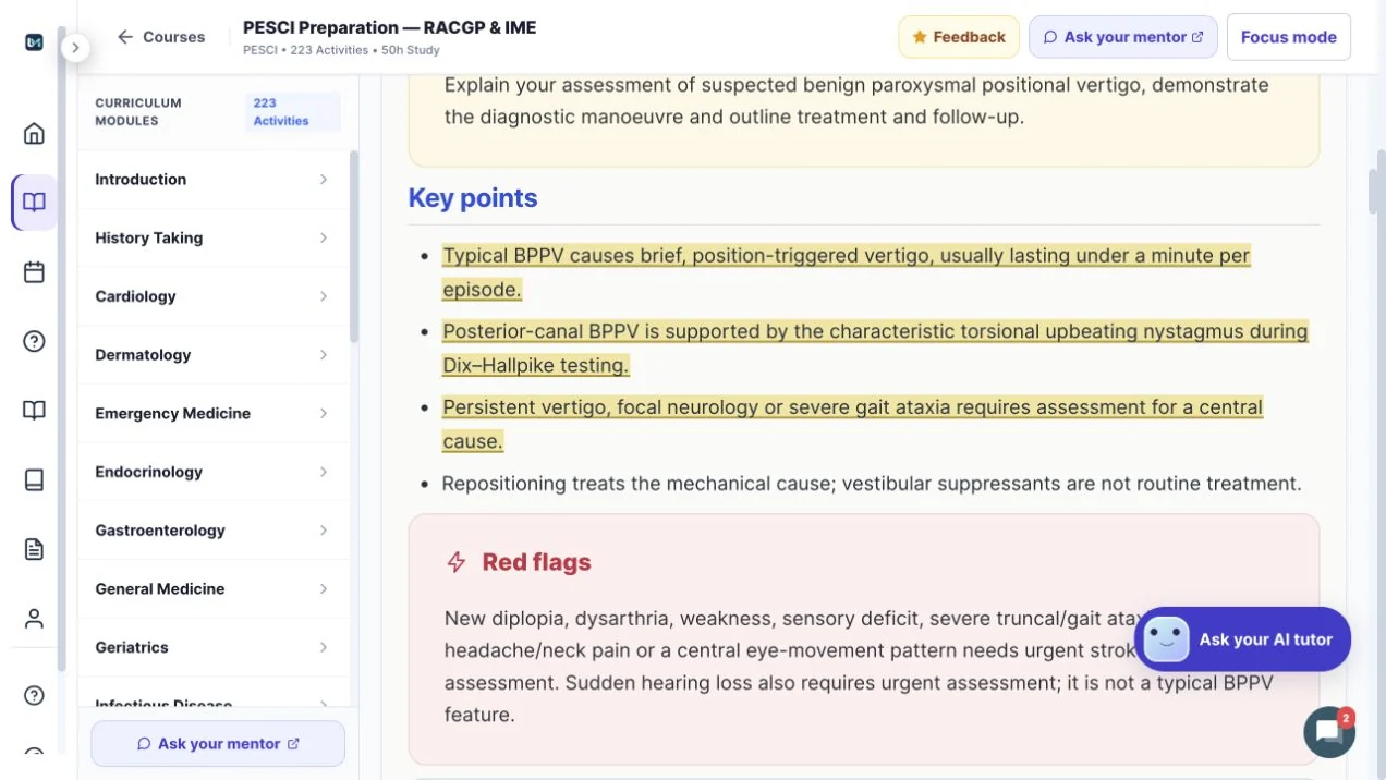 BPPV full notes showing highlighted key points alongside the additional full explanation