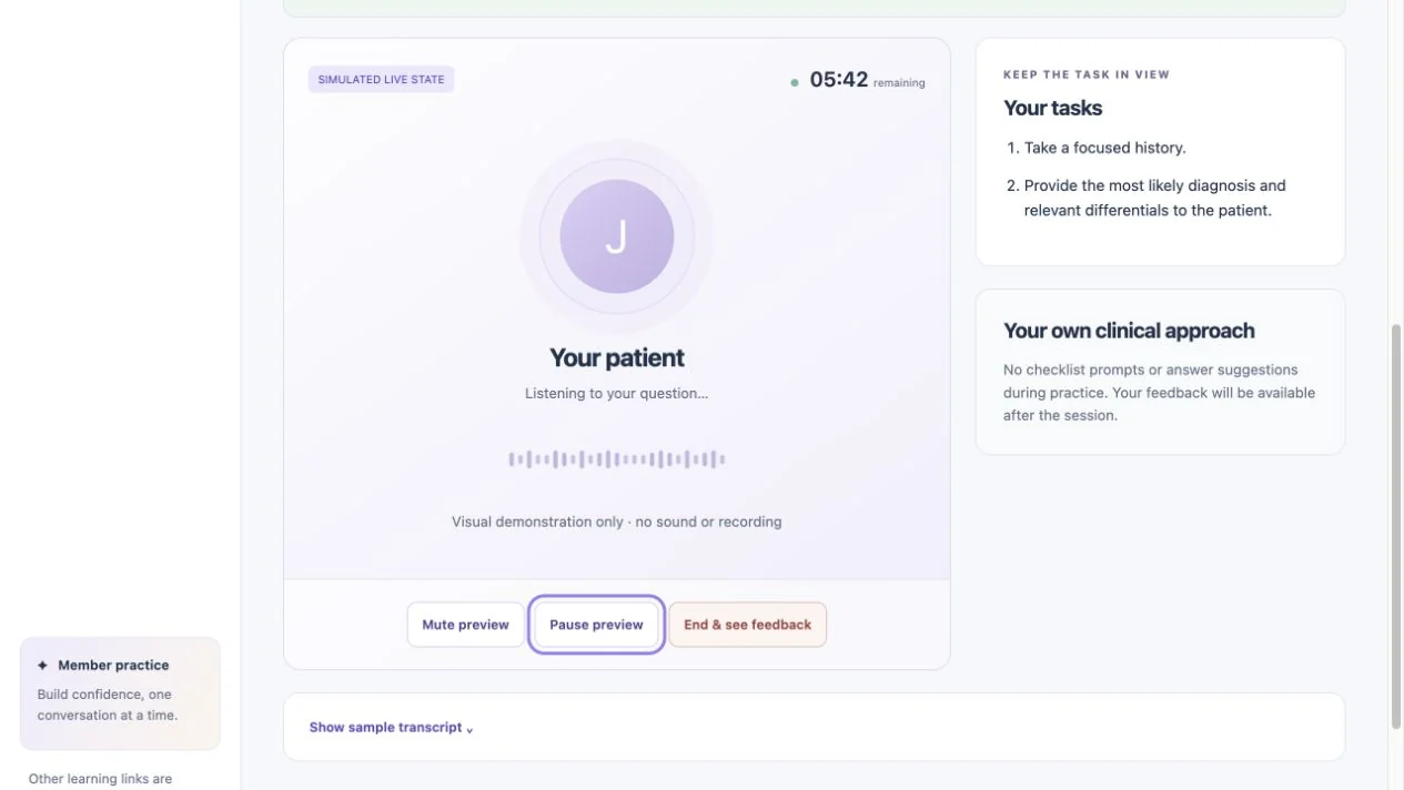 Existing LearnMedicine AI role-play mockup showing the simulated patient conversation, timer, clinical tasks and practice controls