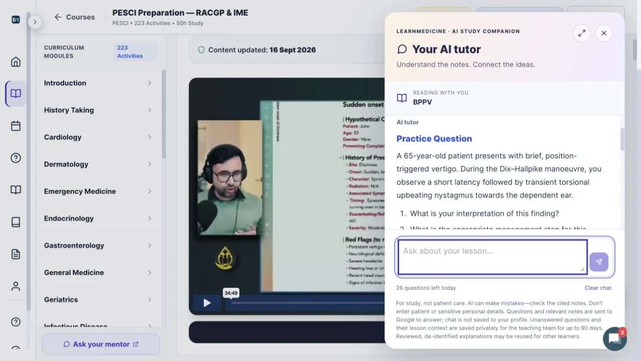 The AI tutor beside the BPPV teaching material