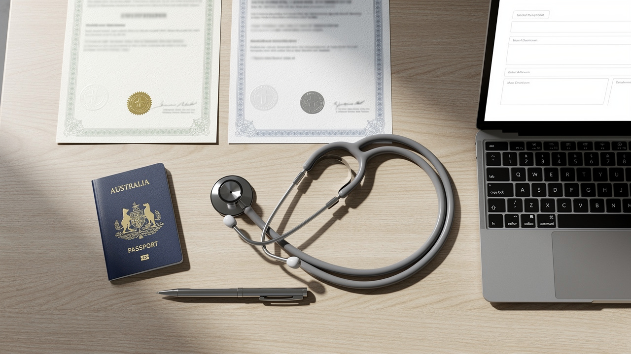 Medical registration documents and credentials on desk
