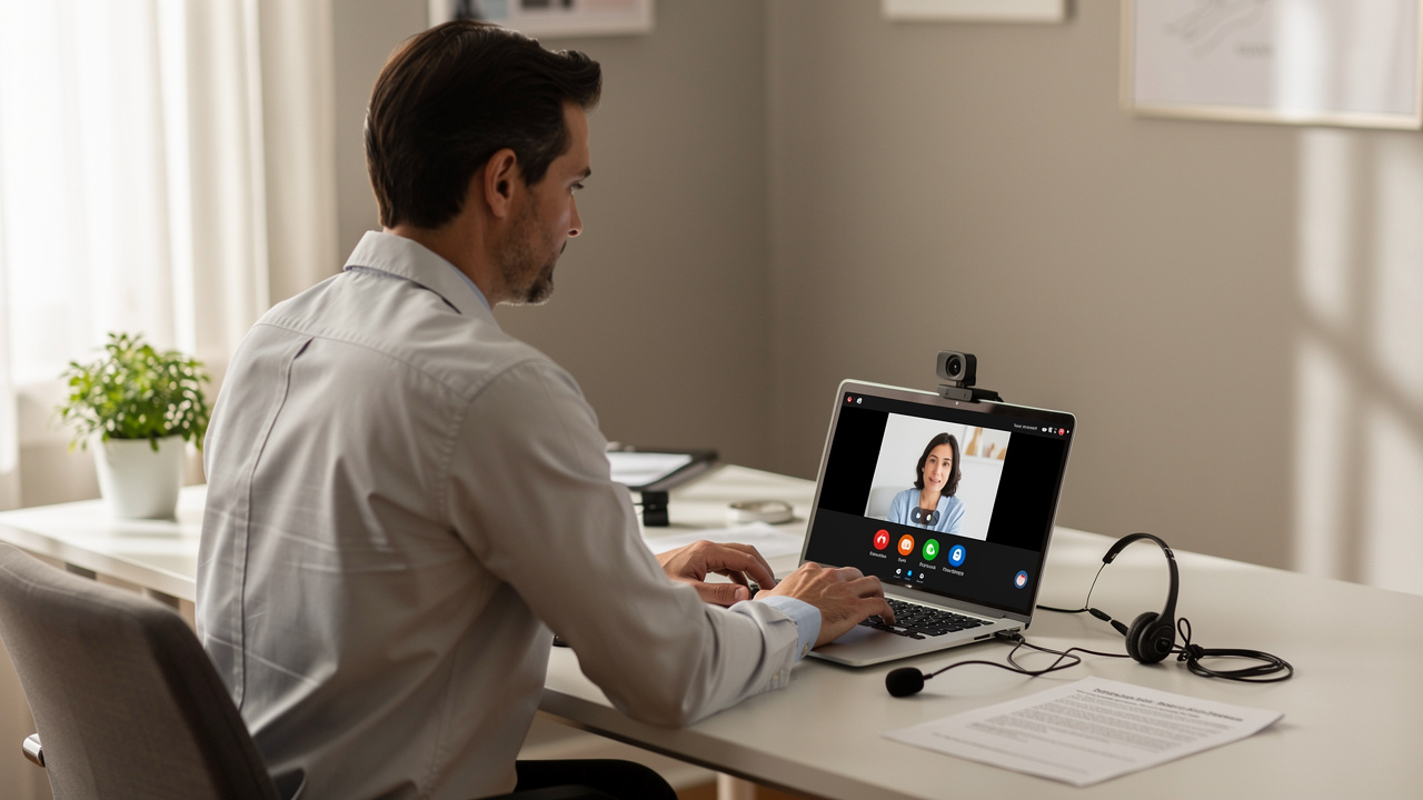 Doctor preparing for the AMC clinical online exam at home