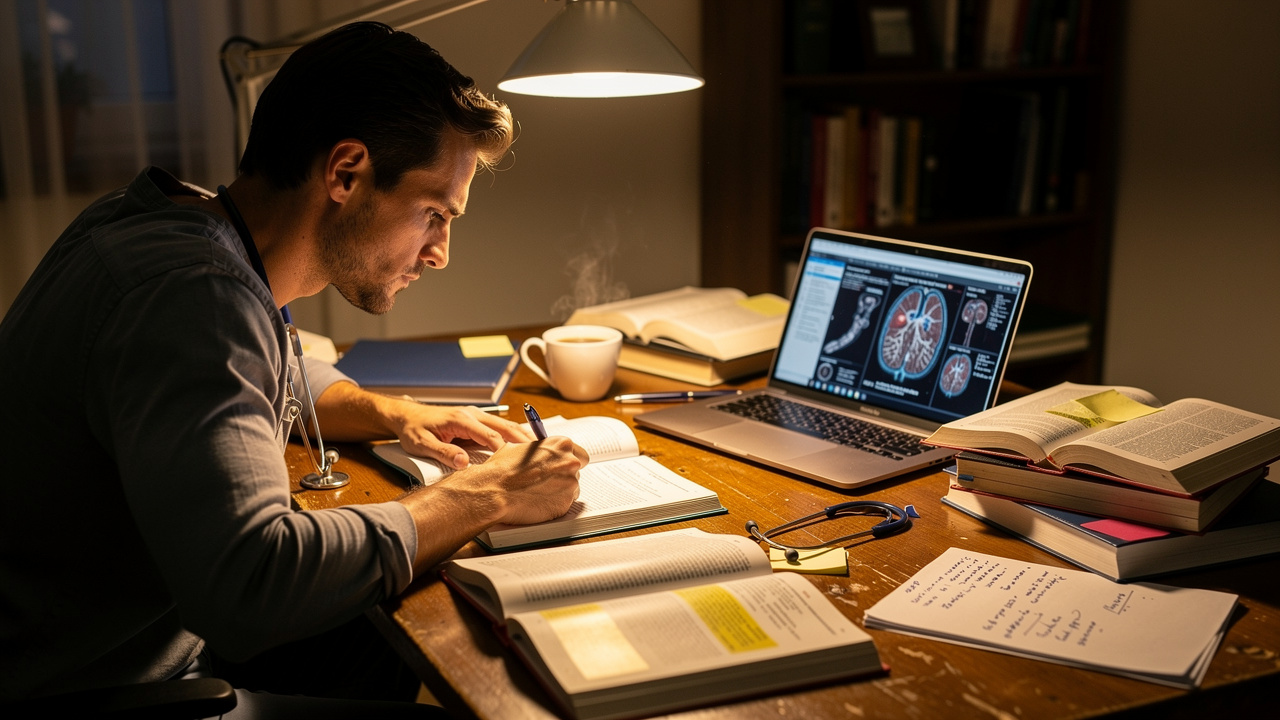 Doctor studying intensely for AMC clinical examination preparation