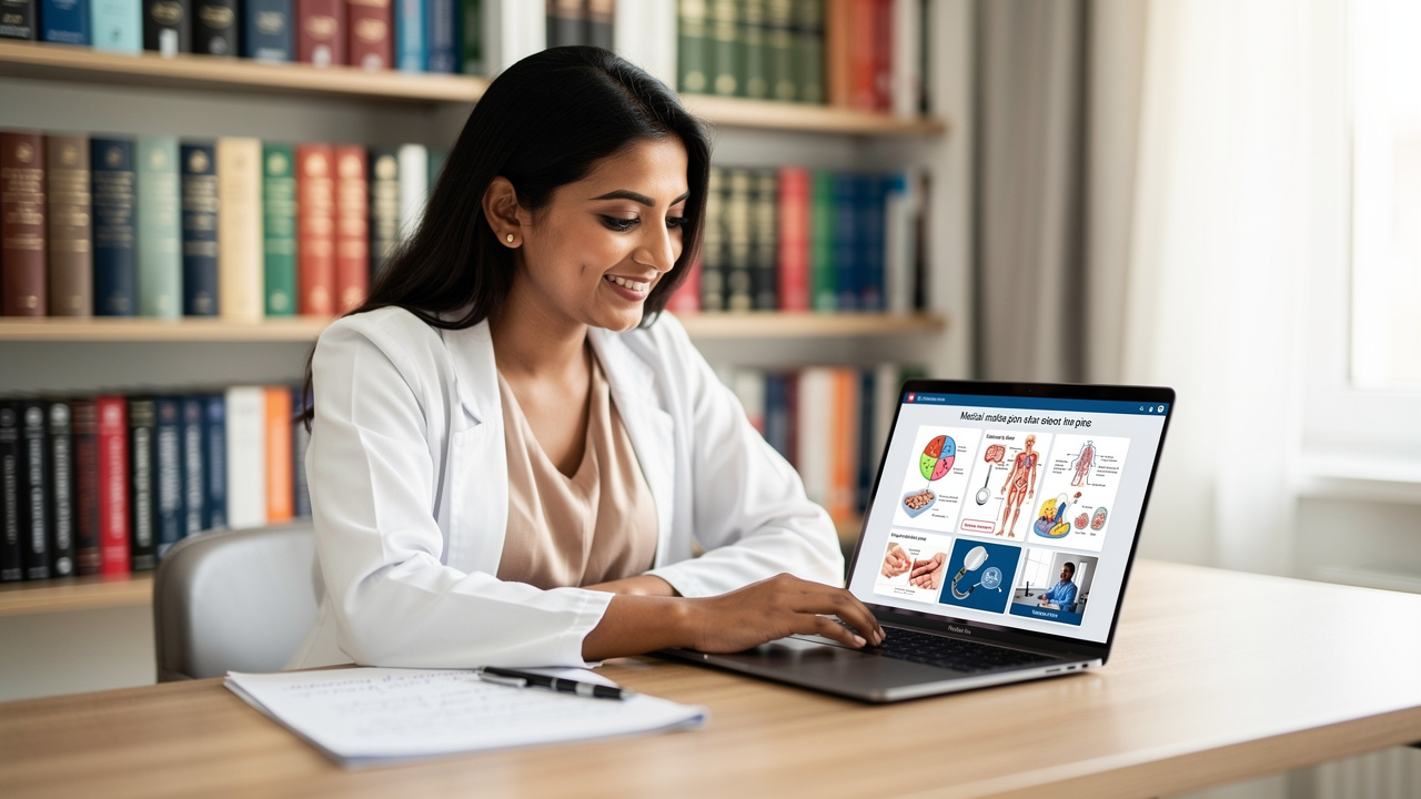 IMG doctor accessing online medical education support platform at home