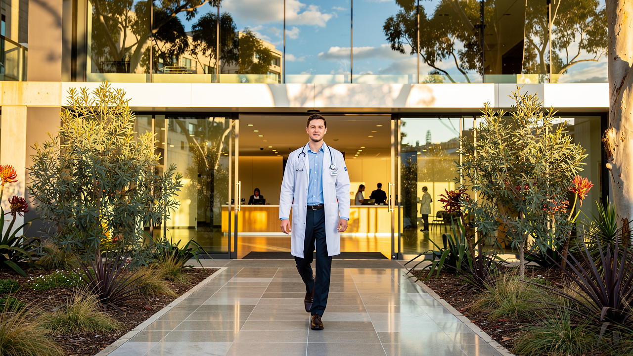 International doctor confidently entering an Australian hospital