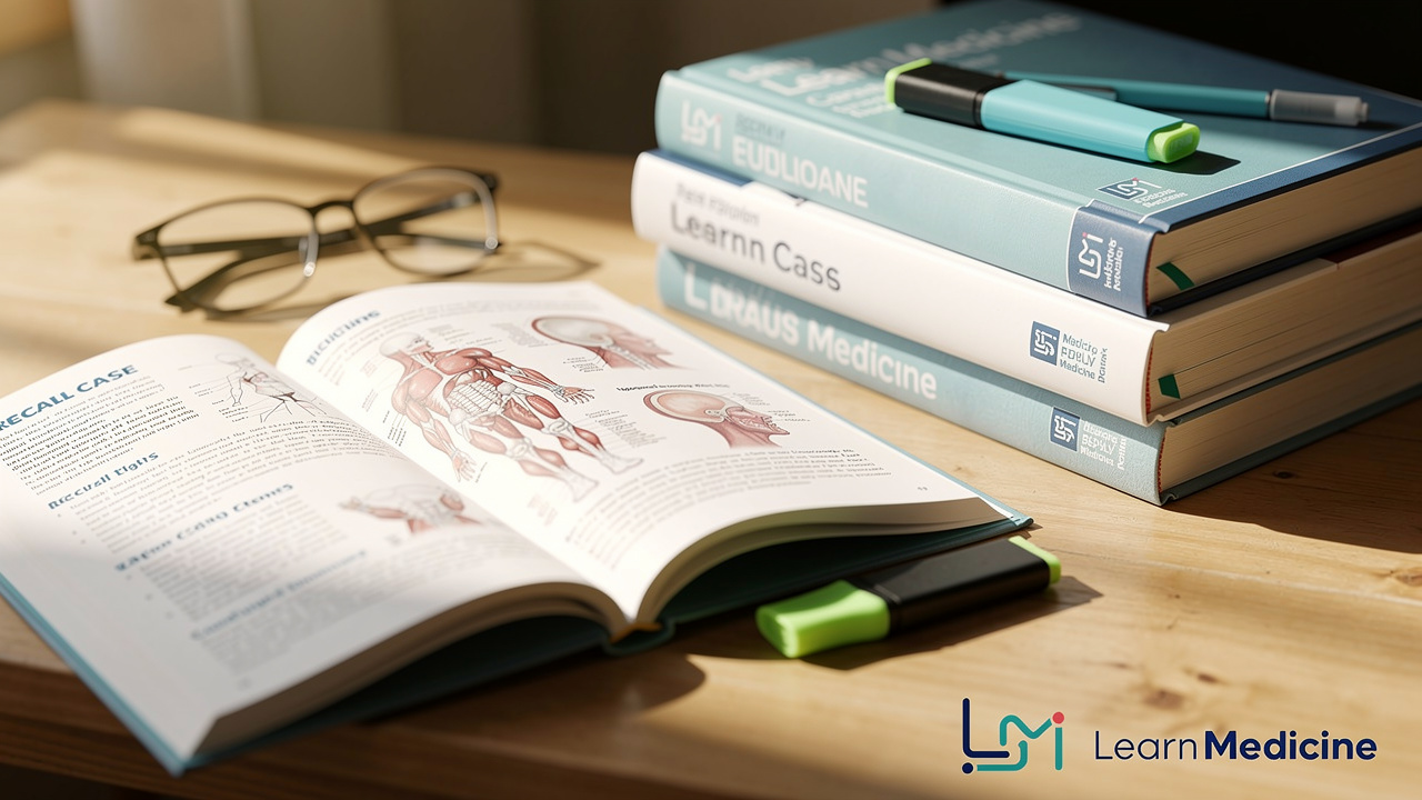 Medical textbooks and recall case study materials on desk