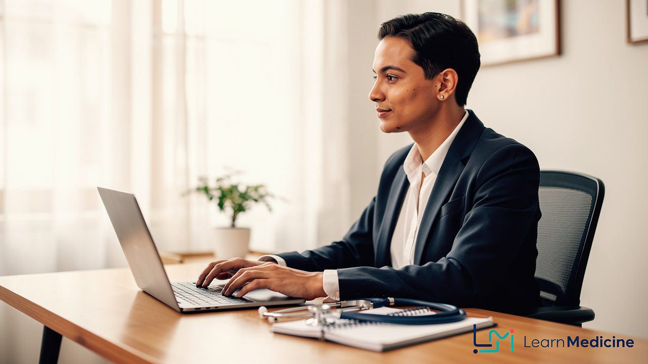 Doctor preparing for online PESCI interview at desk