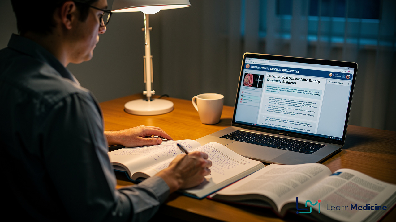 Medical graduate studying clinical case textbooks at desk