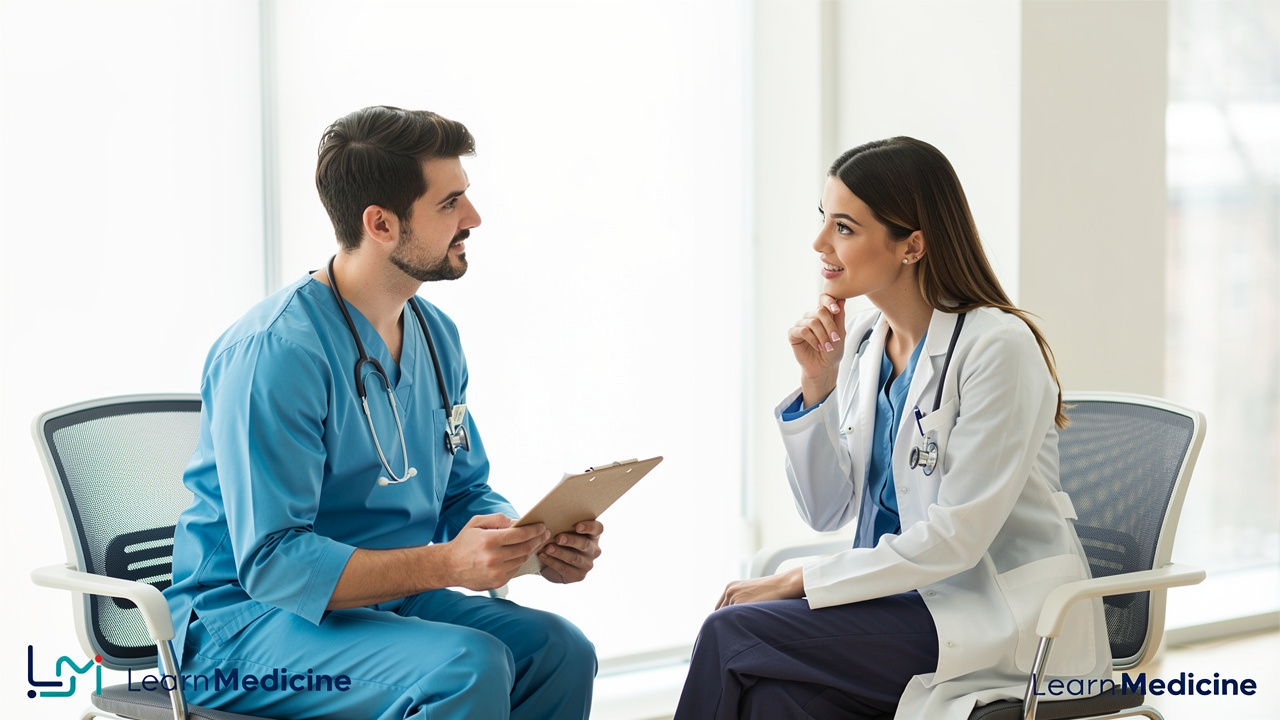 Doctors practicing mock clinical interview scenario together